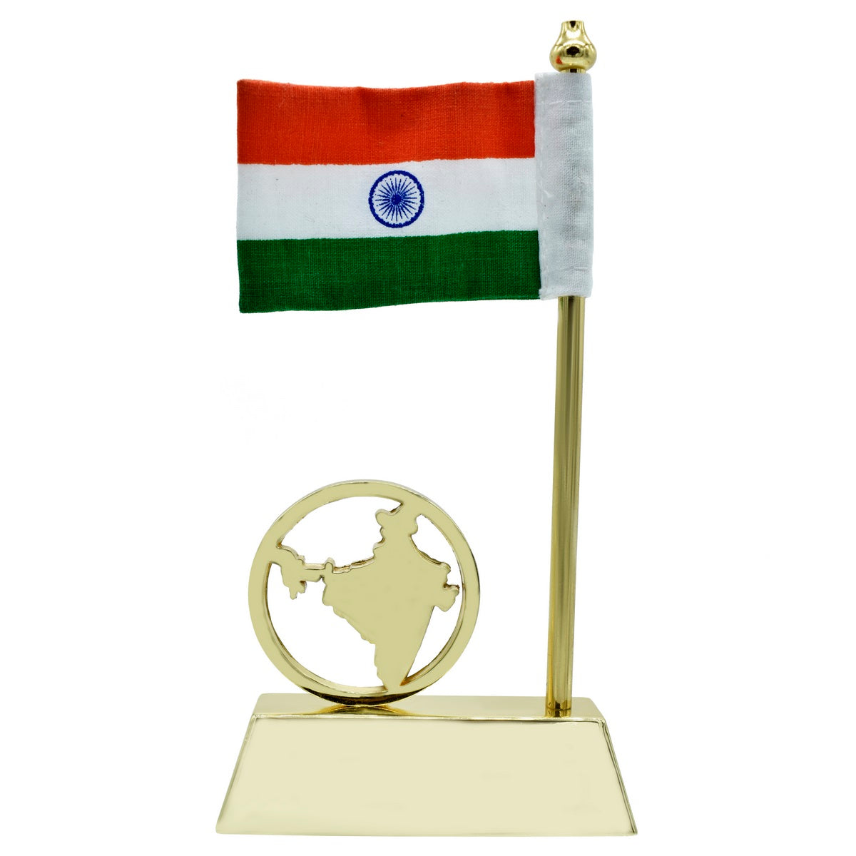 Single Indian Flag with India Map Base – Golden Finish Tabletop Decor