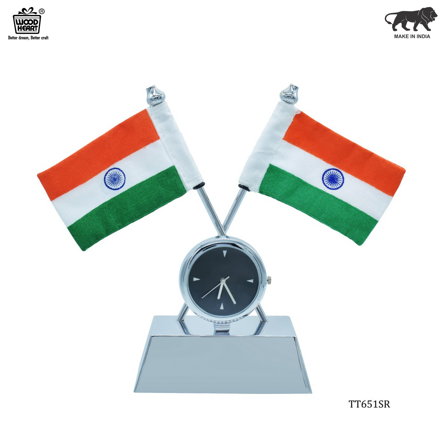 Dual Indian Flag Table Decor with Embedded Desk Clock – Silver Finish