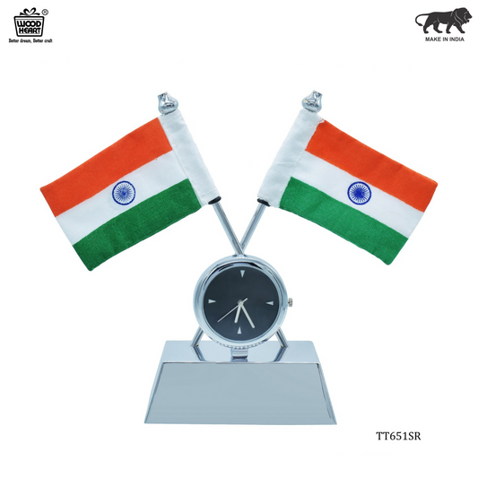 Dual Indian Flag Table Decor with Embedded Desk Clock – Silver Finish