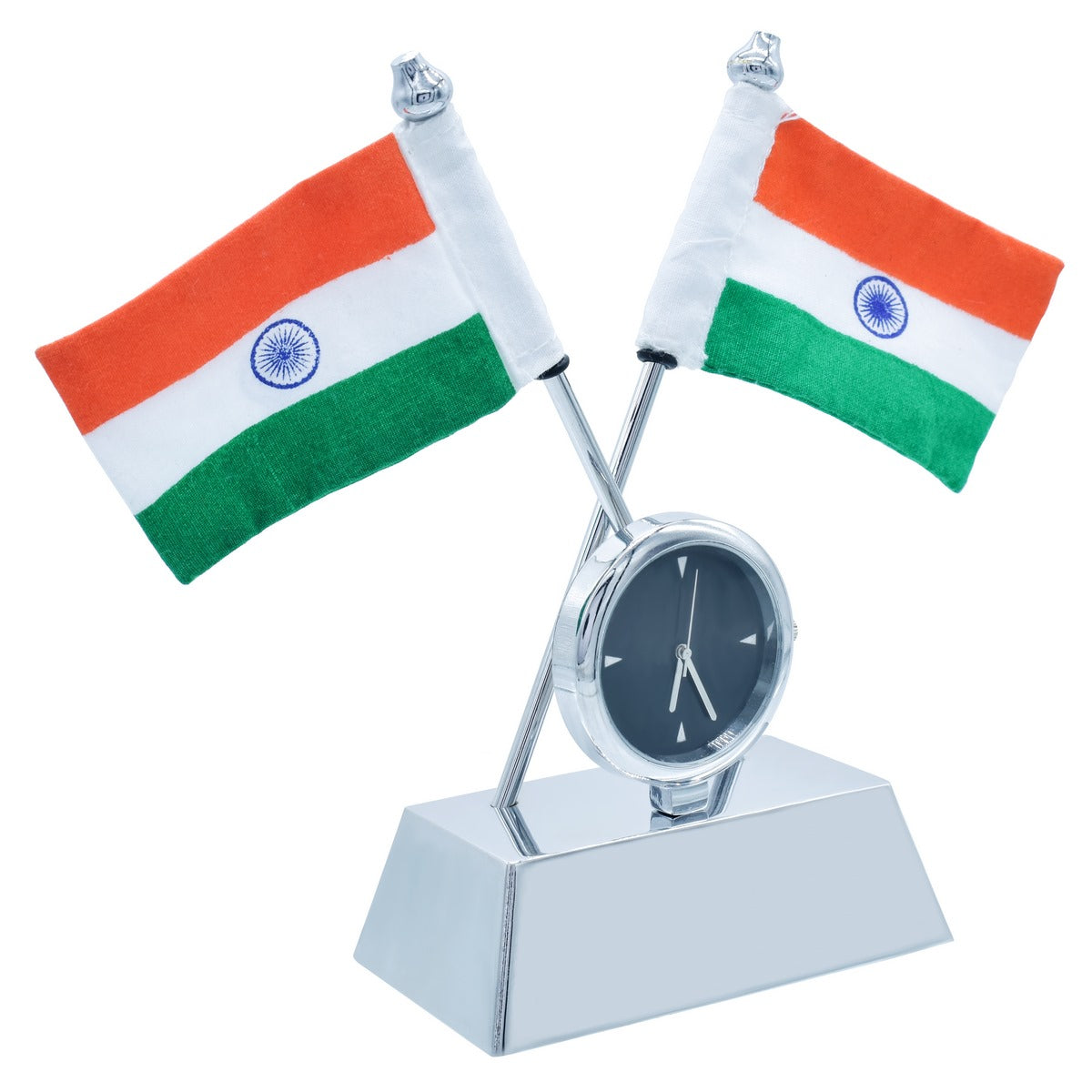 Dual Indian Flag Table Decor with Embedded Desk Clock – Silver Finish