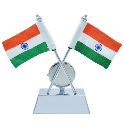 Dual Indian Flag Table Decor with Embedded Desk Clock – Silver Finish