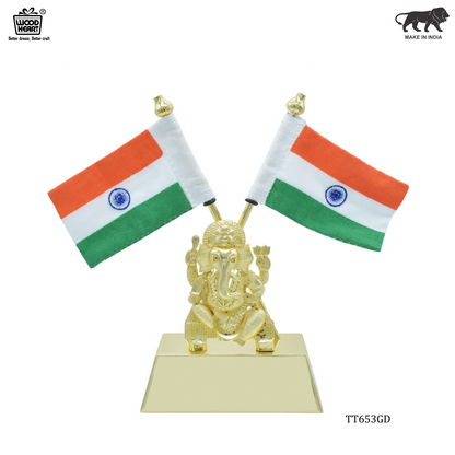 Dual Indian Flag Stand with Golden Lord Ganesha Idol – Gold Finish