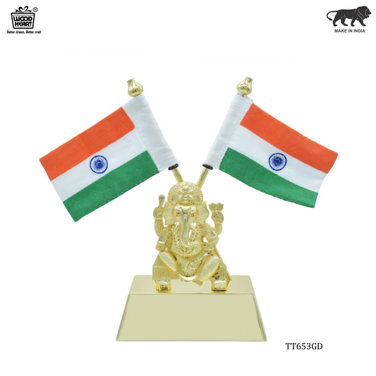 Dual Indian Flag Stand with Golden Lord Ganesha Idol – Gold Finish