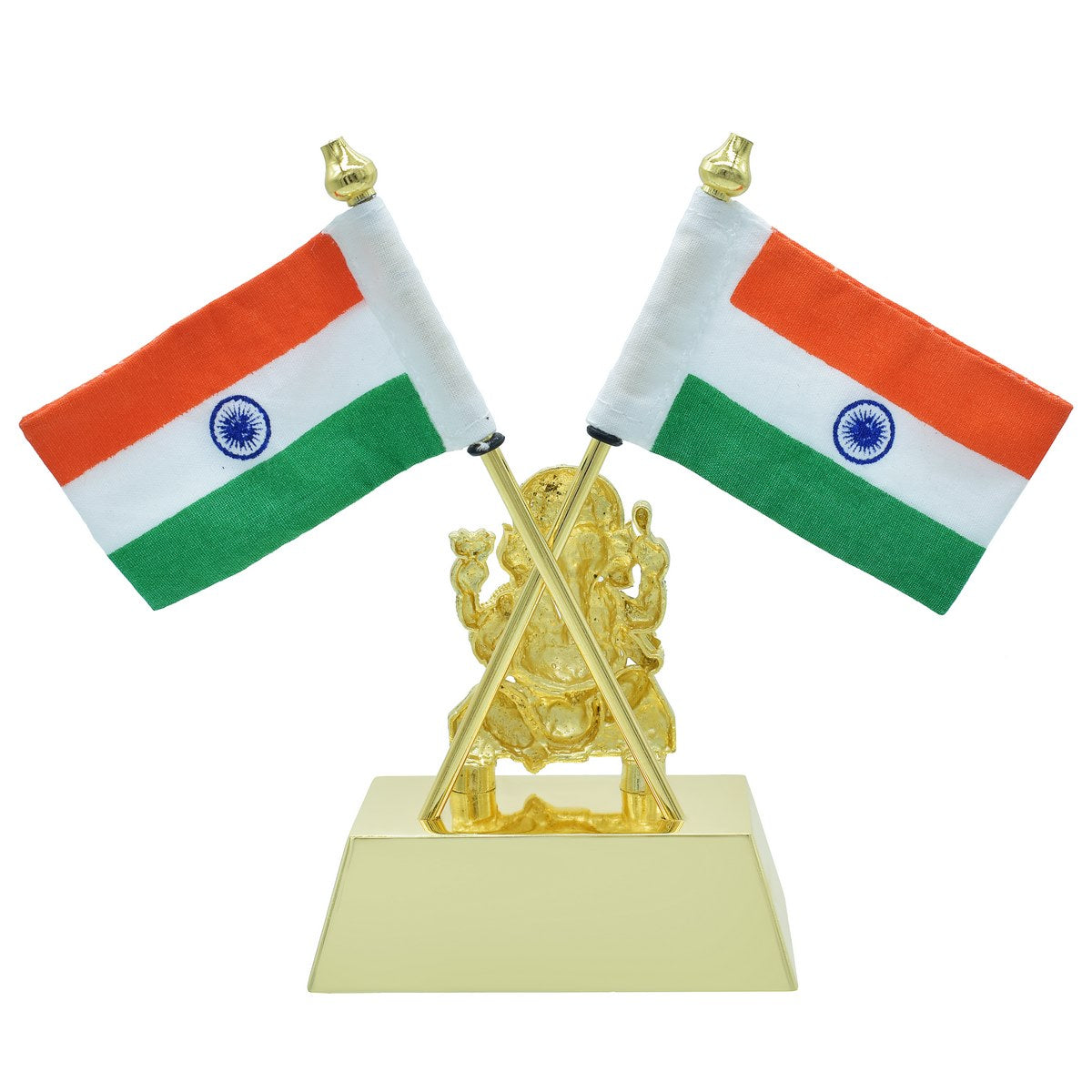Dual Indian Flag Stand with Golden Lord Ganesha Idol – Gold Finish