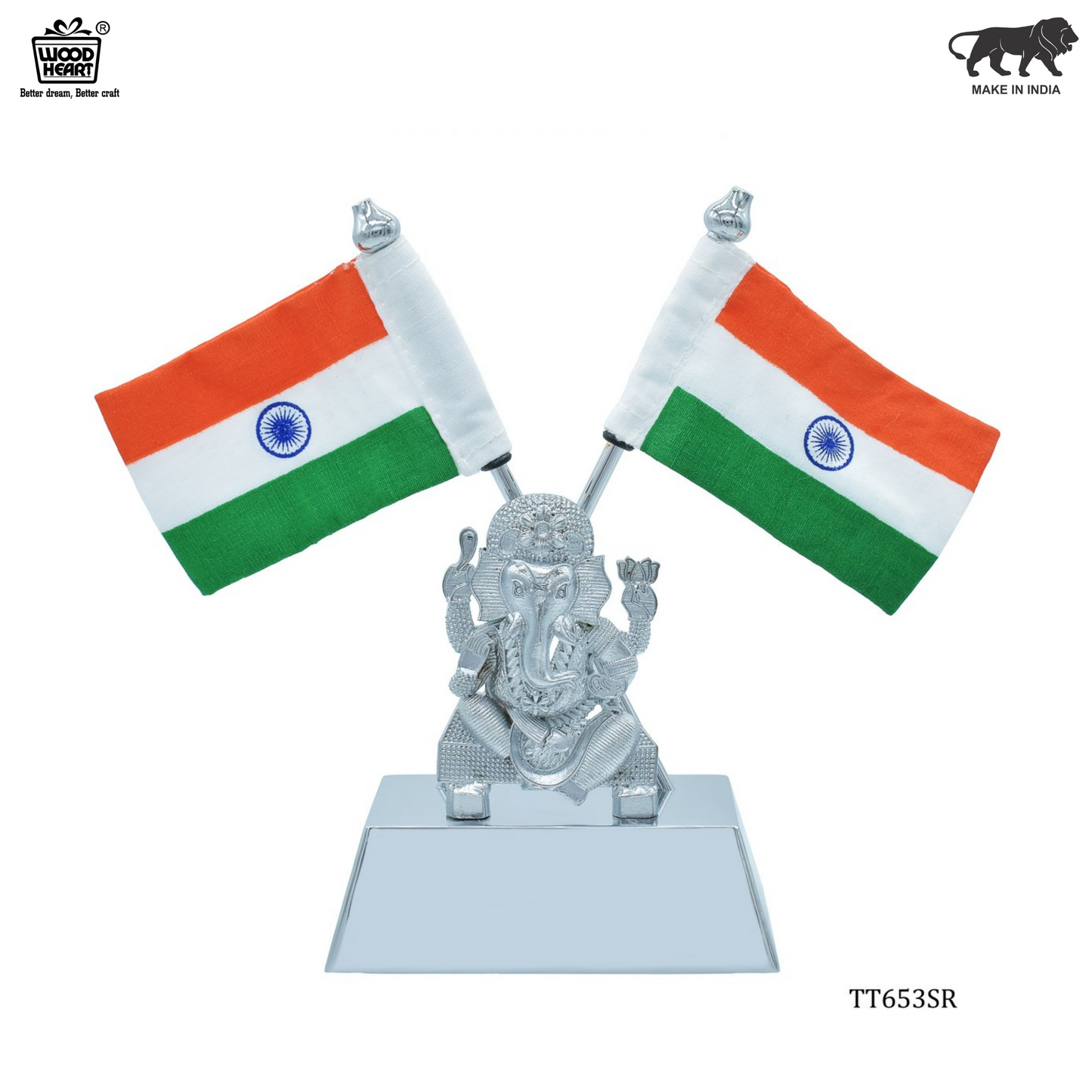 Dual Indian Flag Stand with Silver Lord Ganesha Idol – Silver Finish