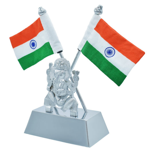 Dual Indian Flag Stand with Silver Lord Ganesha Idol – Silver Finish