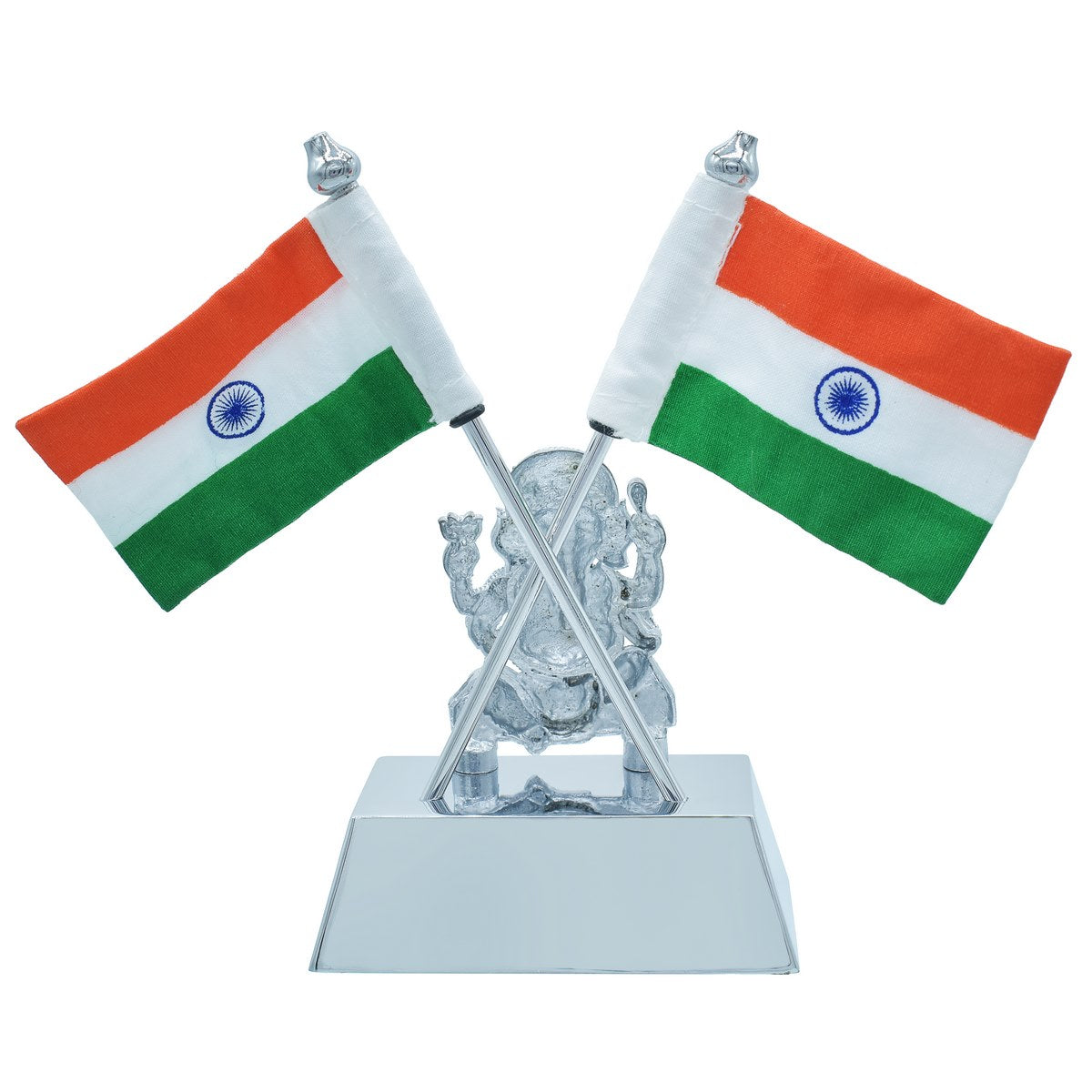 Dual Indian Flag Stand with Silver Lord Ganesha Idol – Silver Finish