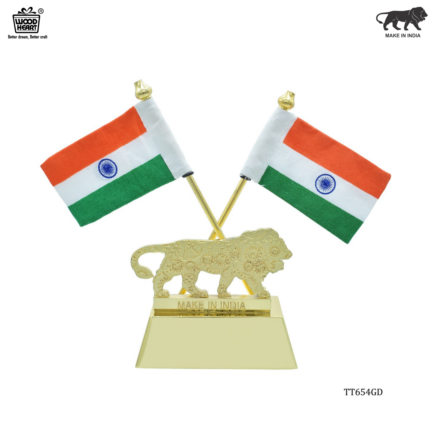 Dual Indian Flag with Make in India Lion Emblem – Gold Finish