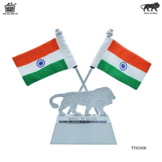 Dual Indian Flag with Make in India Lion Emblem – Silver Finish