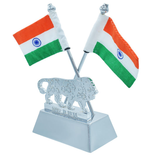 Dual Indian Flag with Make in India Lion Emblem – Silver Finish