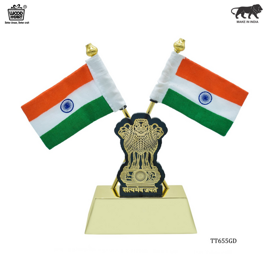 Dual Indian Flag with Ashoka Pillar Emblem – Gold Finish