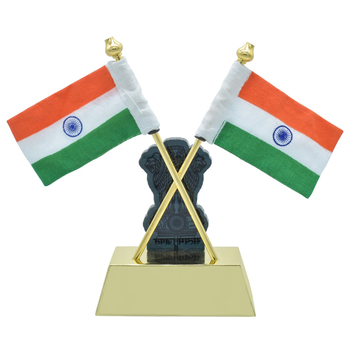 Dual Indian Flag with Ashoka Pillar Emblem – Gold Finish