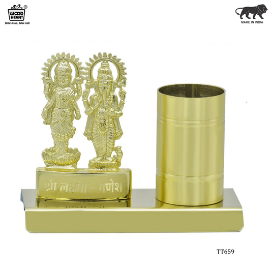 Wood Heart Lakshmi Ganesh Divine Pen Holder – Gold Finish