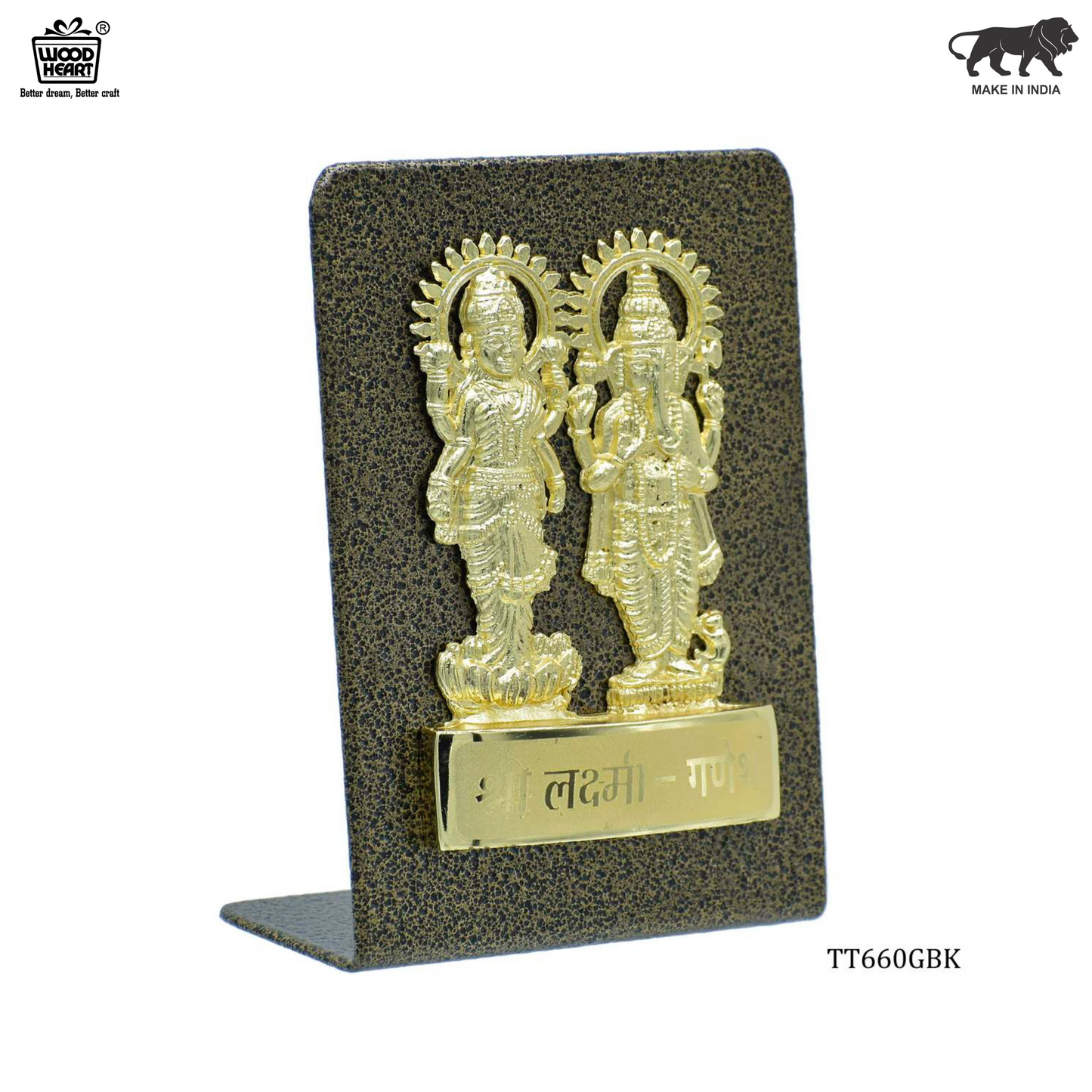 Wood Heart Lakshmi Ganesh Decorative Idol Plaque – Black Textured Base