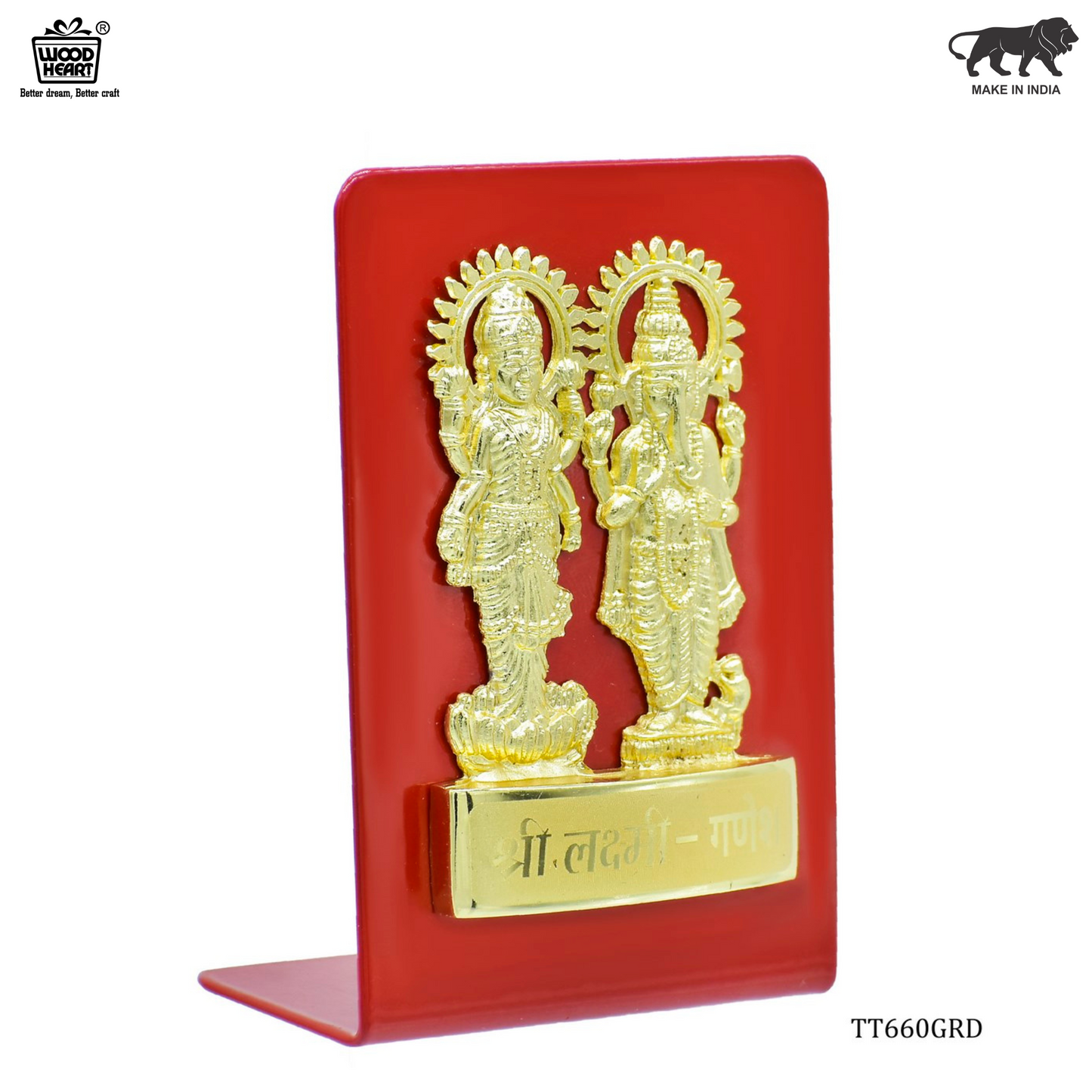 Wood Heart Lakshmi Ganesh Decorative Idol Plaque – Red Glossy Base