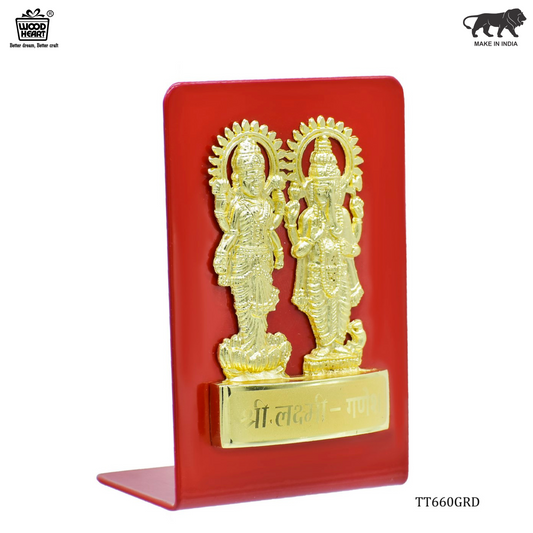 Wood Heart Lakshmi Ganesh Decorative Idol Plaque – Red Glossy Base