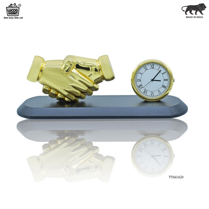 Golden Handshake Table Clock Showpiece – Black Wooden Base