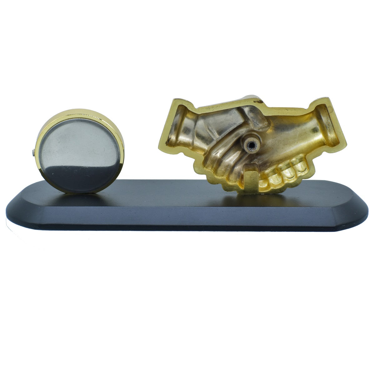 Golden Handshake Table Clock Showpiece – Black Wooden Base