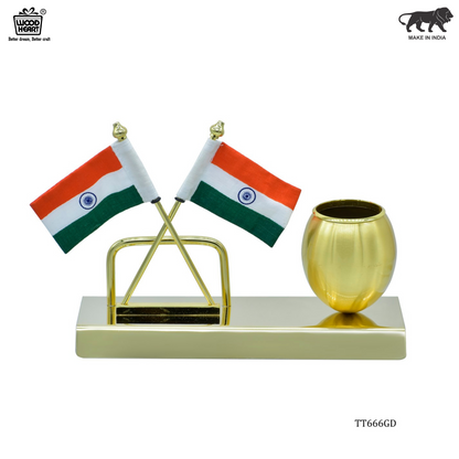 Dual Indian Flag Stand with Gold Pen Holder