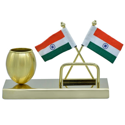 Dual Indian Flag Stand with Gold Pen Holder