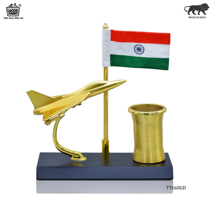 Golden Fighter Jet Pen Stand with Indian Flag – Patriotic Desk Organizer