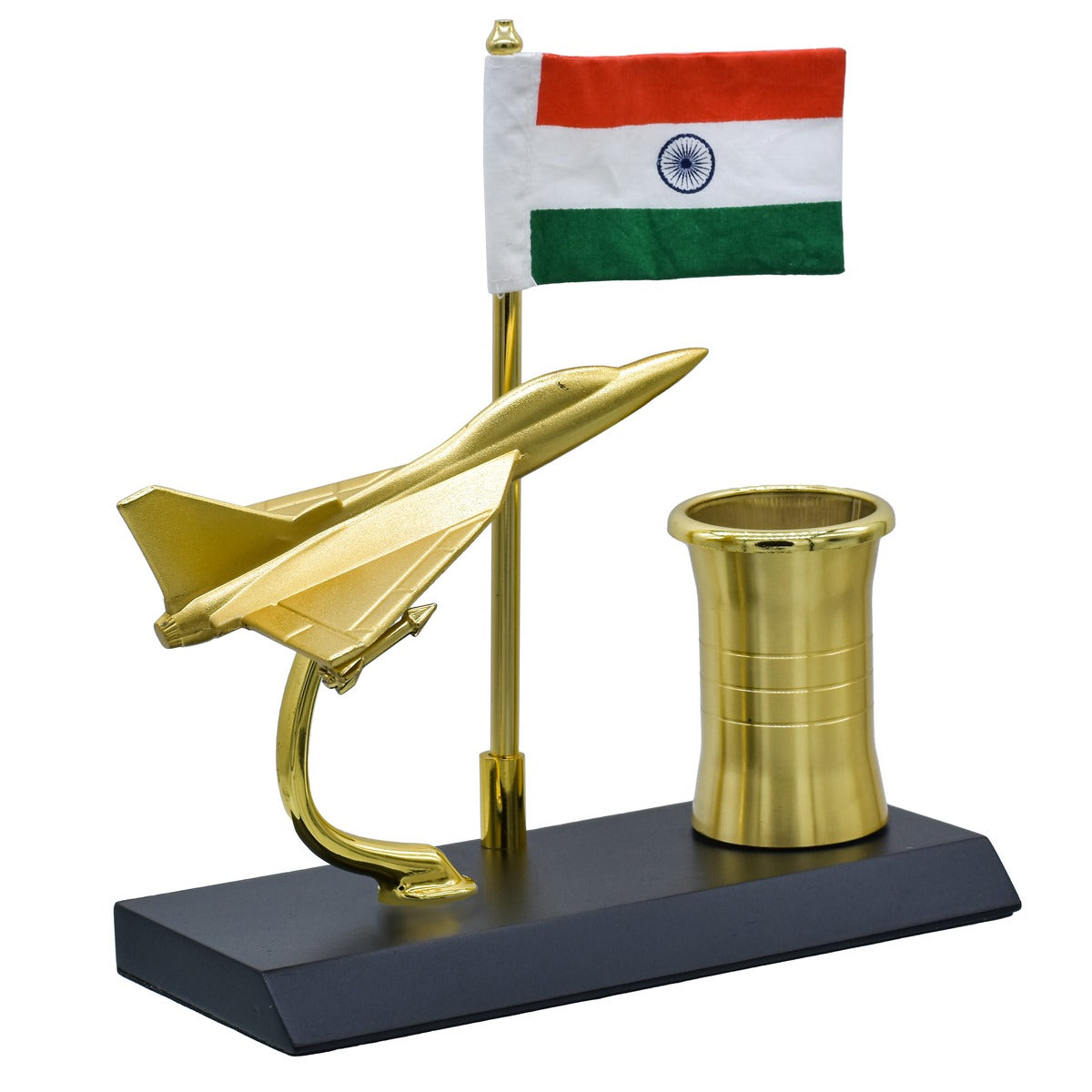 Golden Fighter Jet Pen Stand with Indian Flag – Patriotic Desk Organizer