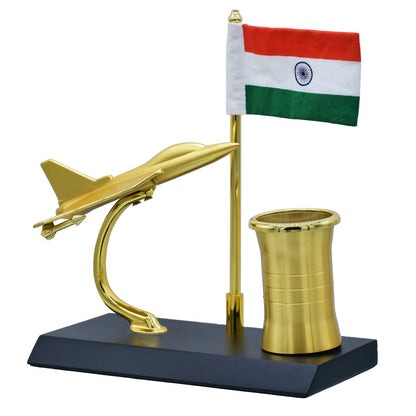 Golden Fighter Jet Pen Stand with Indian Flag – Patriotic Desk Organizer