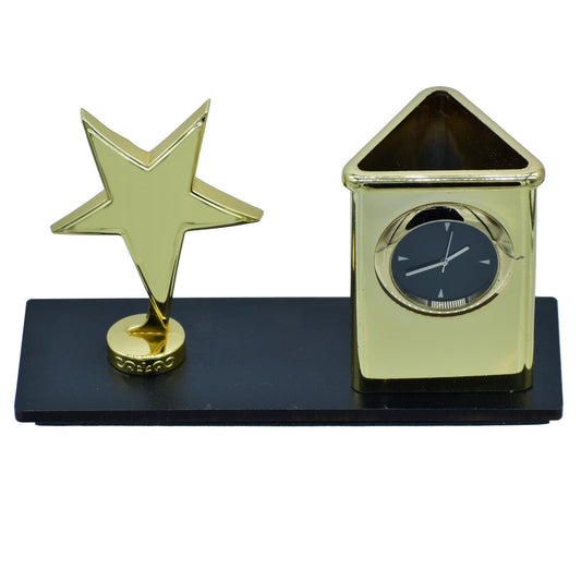Golden Star Desk Organizer with Clock – Stylish Desktop Utility Stand