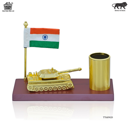 Gold-Plated Indian Army Tank with Pen Holder and National Flag