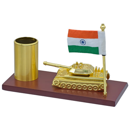 Gold-Plated Indian Army Tank with Pen Holder and National Flag
