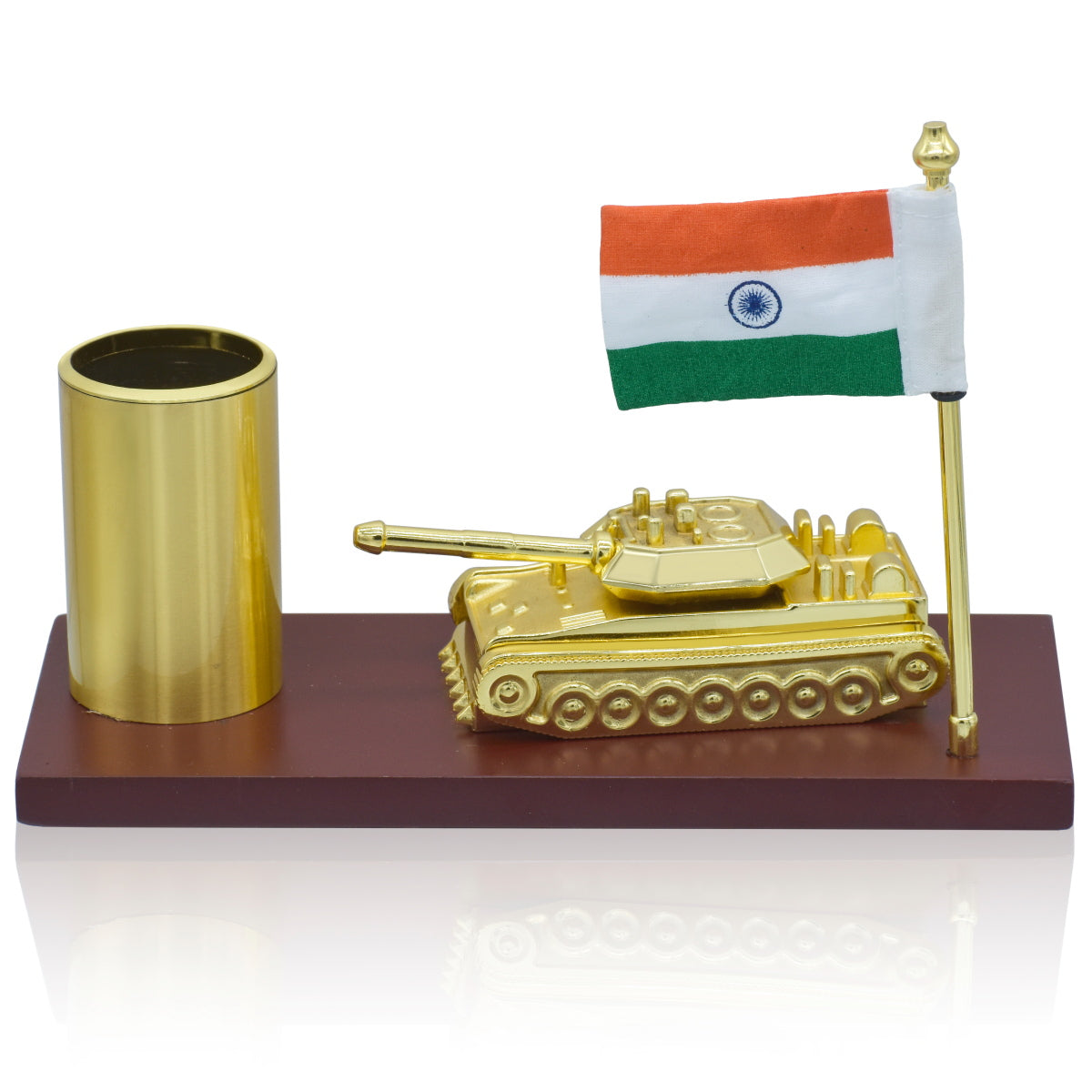 Gold-Plated Indian Army Tank with Pen Holder and National Flag