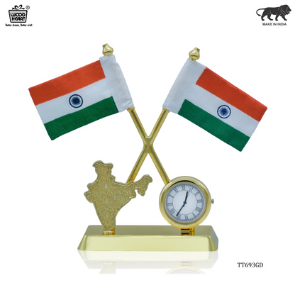 Dual Indian Flag Table Stand with Clock & India Map – Gold Finish