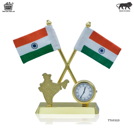 Dual Indian Flag Table Stand with Clock & India Map – Gold Finish