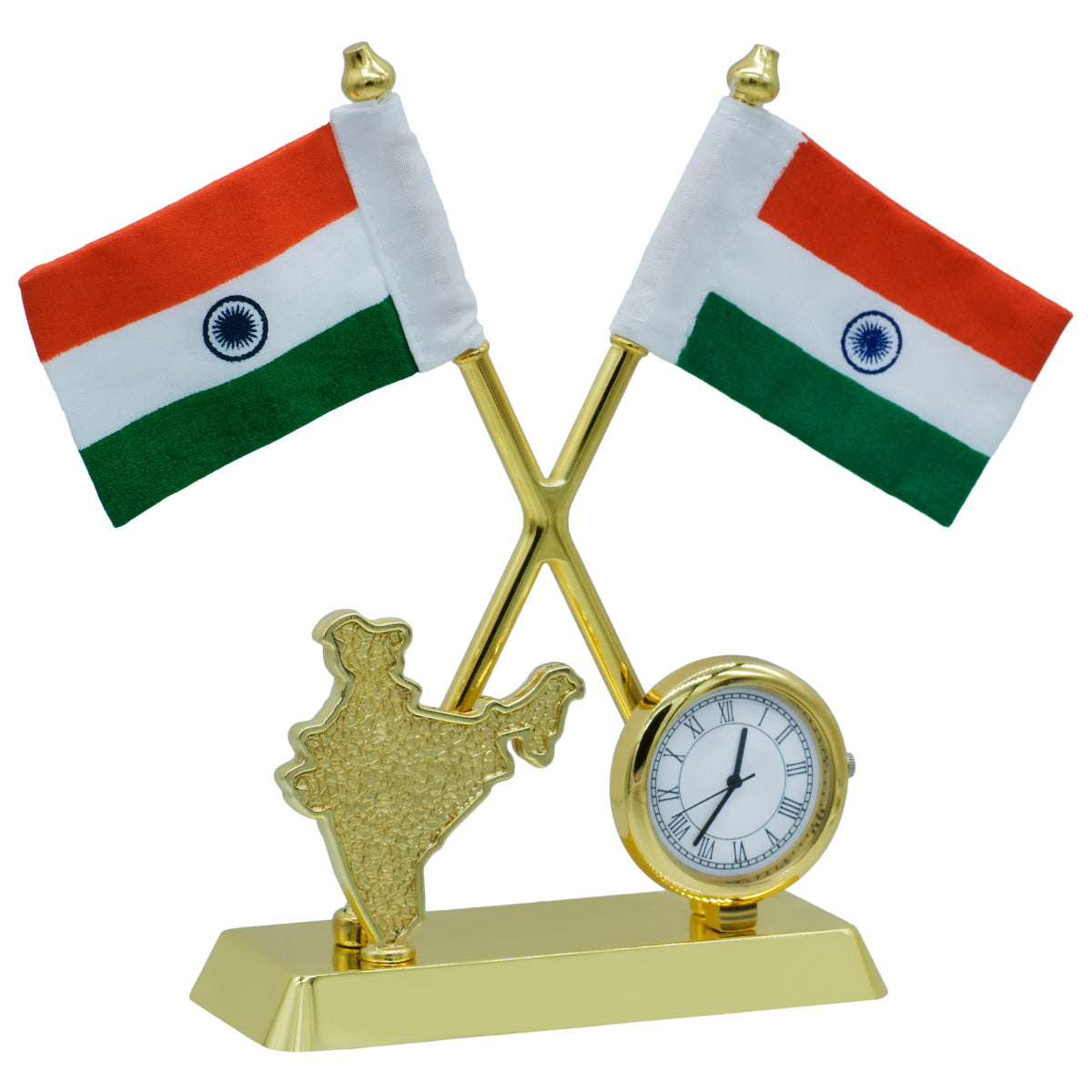Dual Indian Flag Table Stand with Clock & India Map – Gold Finish
