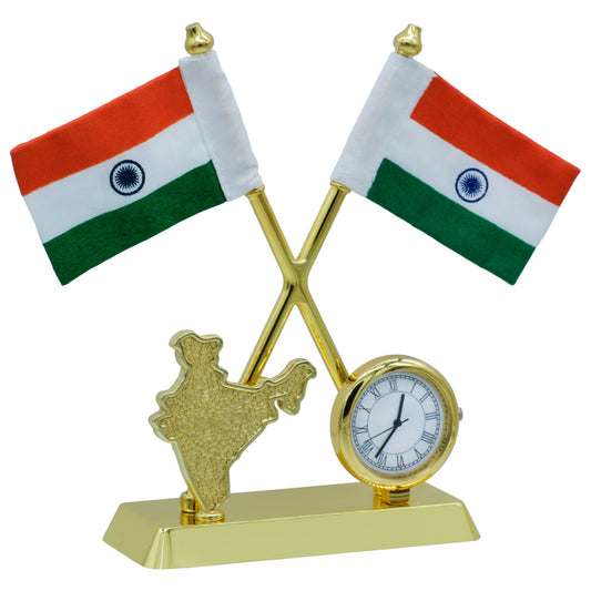 Dual Indian Flag Table Stand with Clock & India Map – Gold Finish