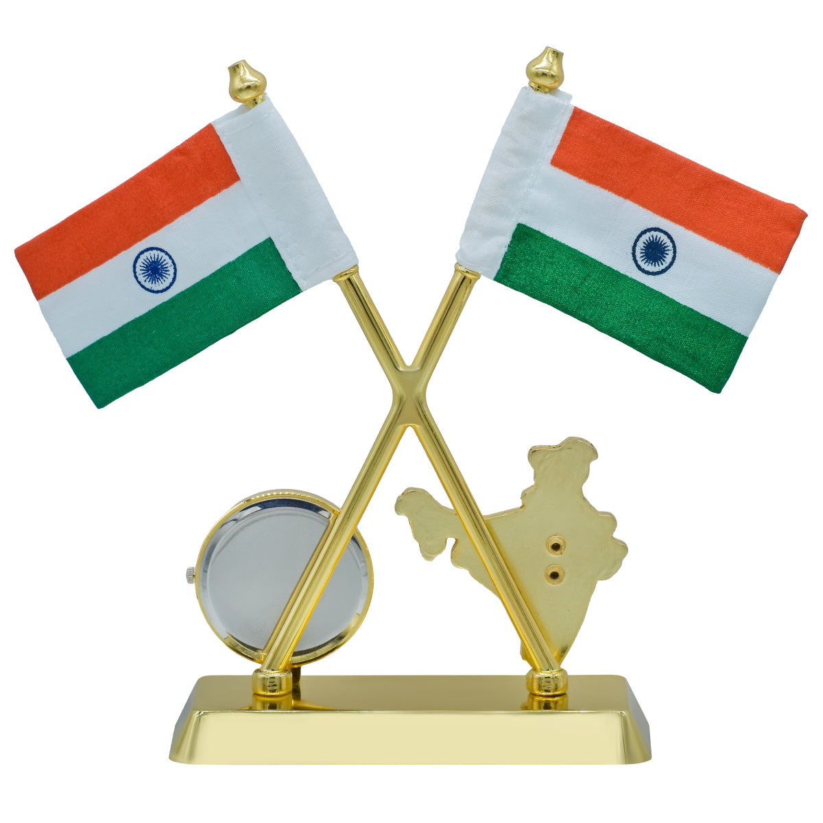 Dual Indian Flag Table Stand with Clock & India Map – Gold Finish