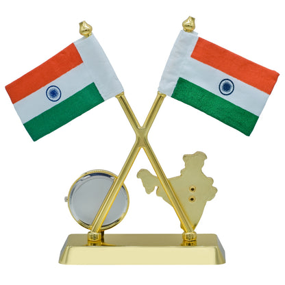 Dual Indian Flag Table Stand with Clock & India Map – Gold Finish