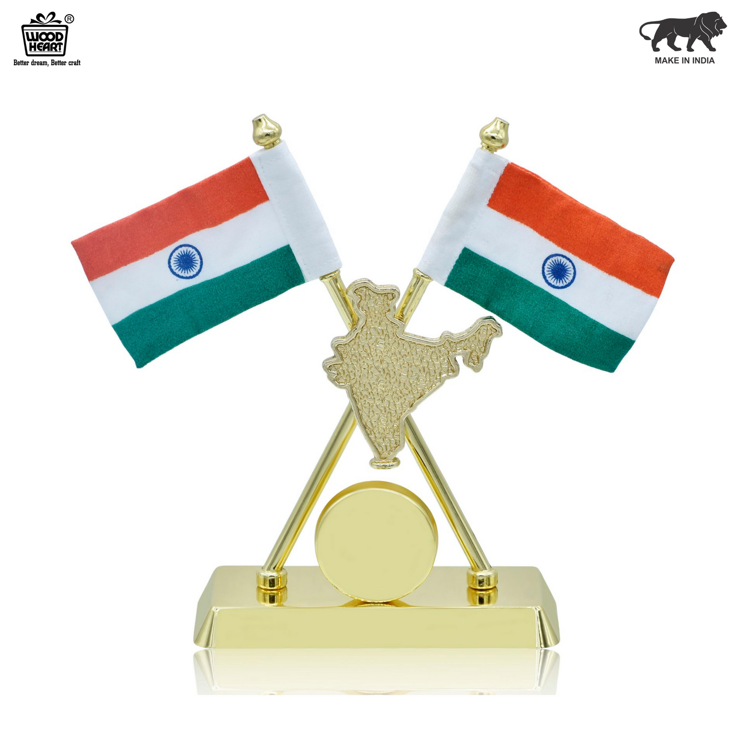 Dual Indian Flag Table Stand with India Map – Gold Finish