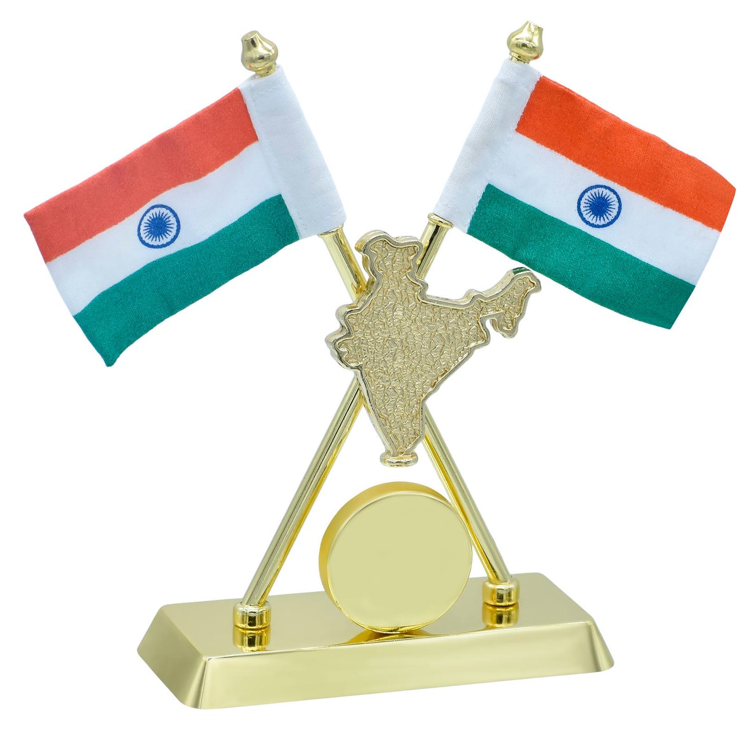 Dual Indian Flag Table Stand with India Map – Gold Finish