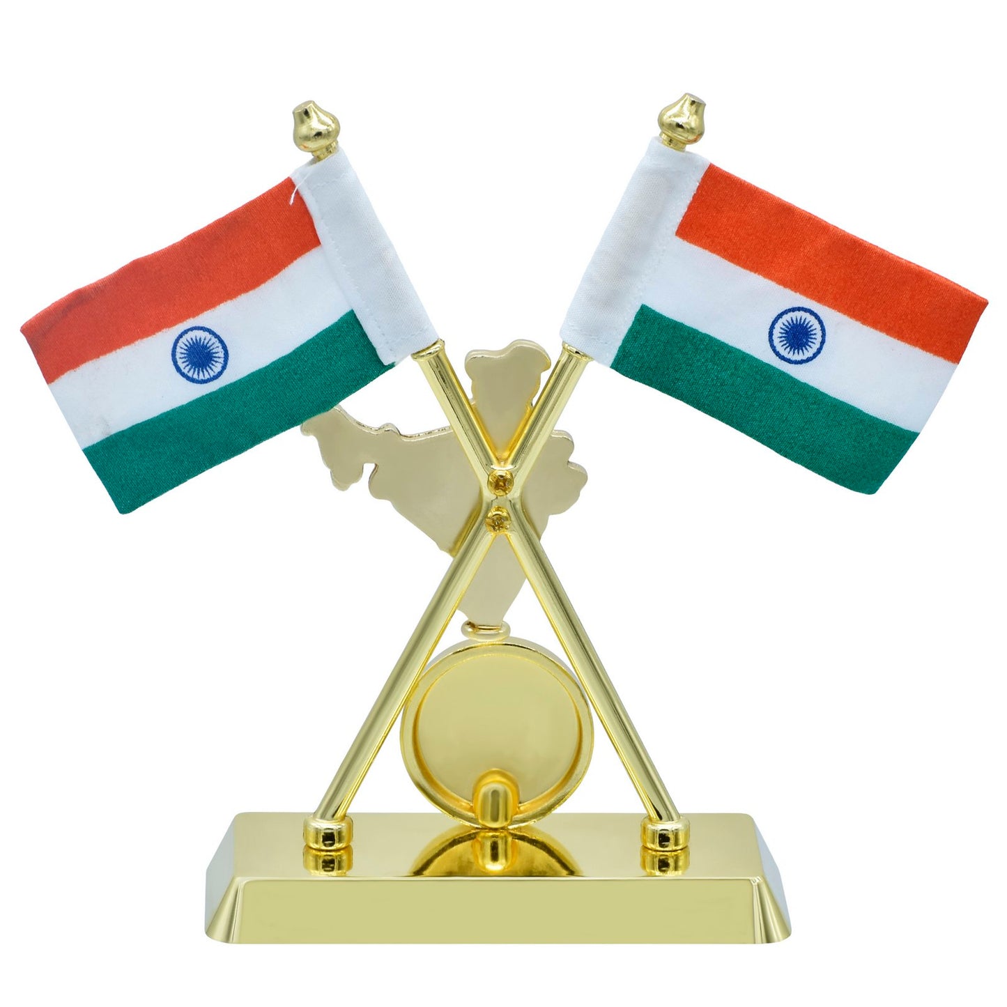 Dual Indian Flag Table Stand with India Map – Gold Finish
