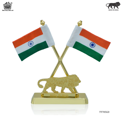 Dual Indian Flag Table Stand – Make in India Lion Edition (Gold Finish)