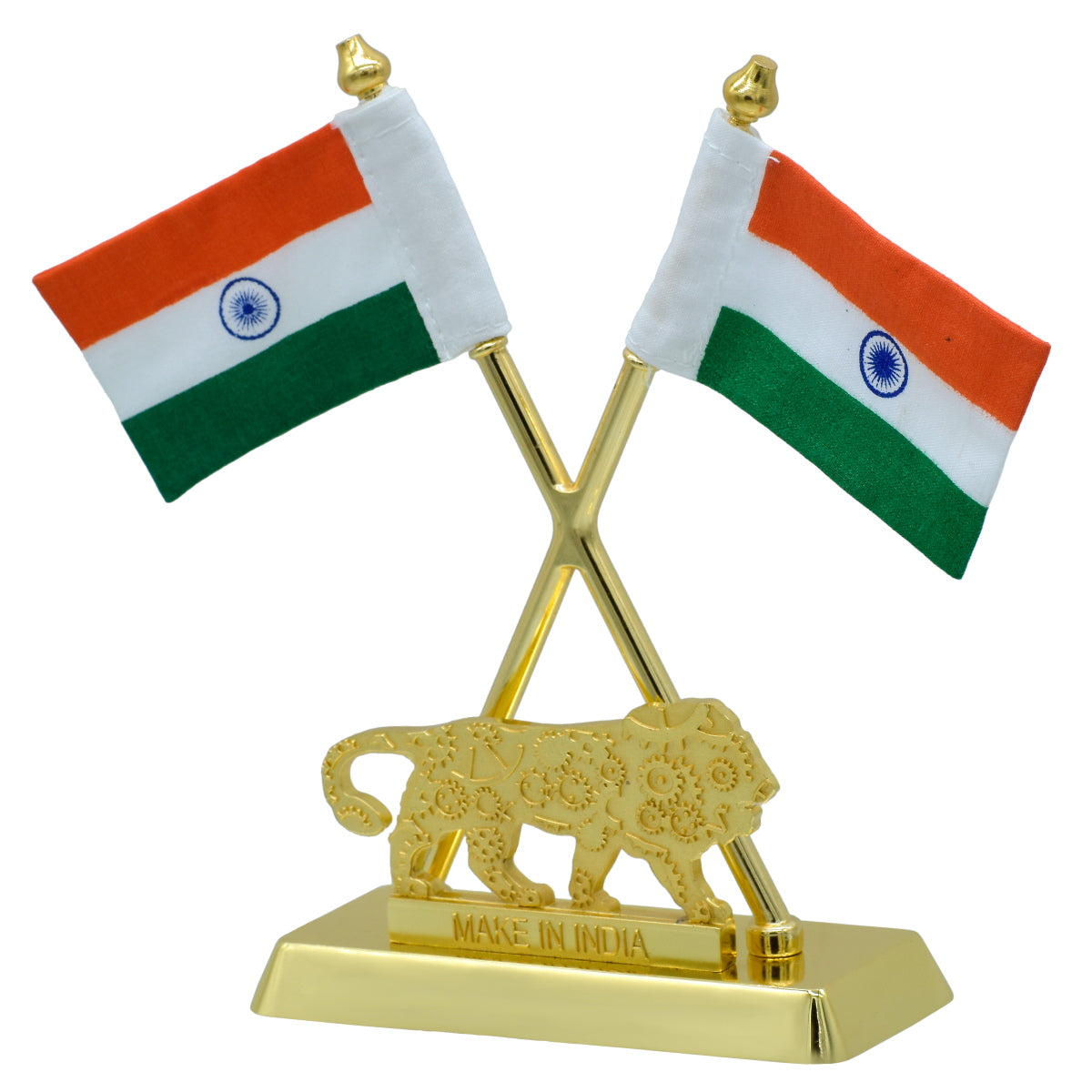 Dual Indian Flag Table Stand – Make in India Lion Edition (Gold Finish)