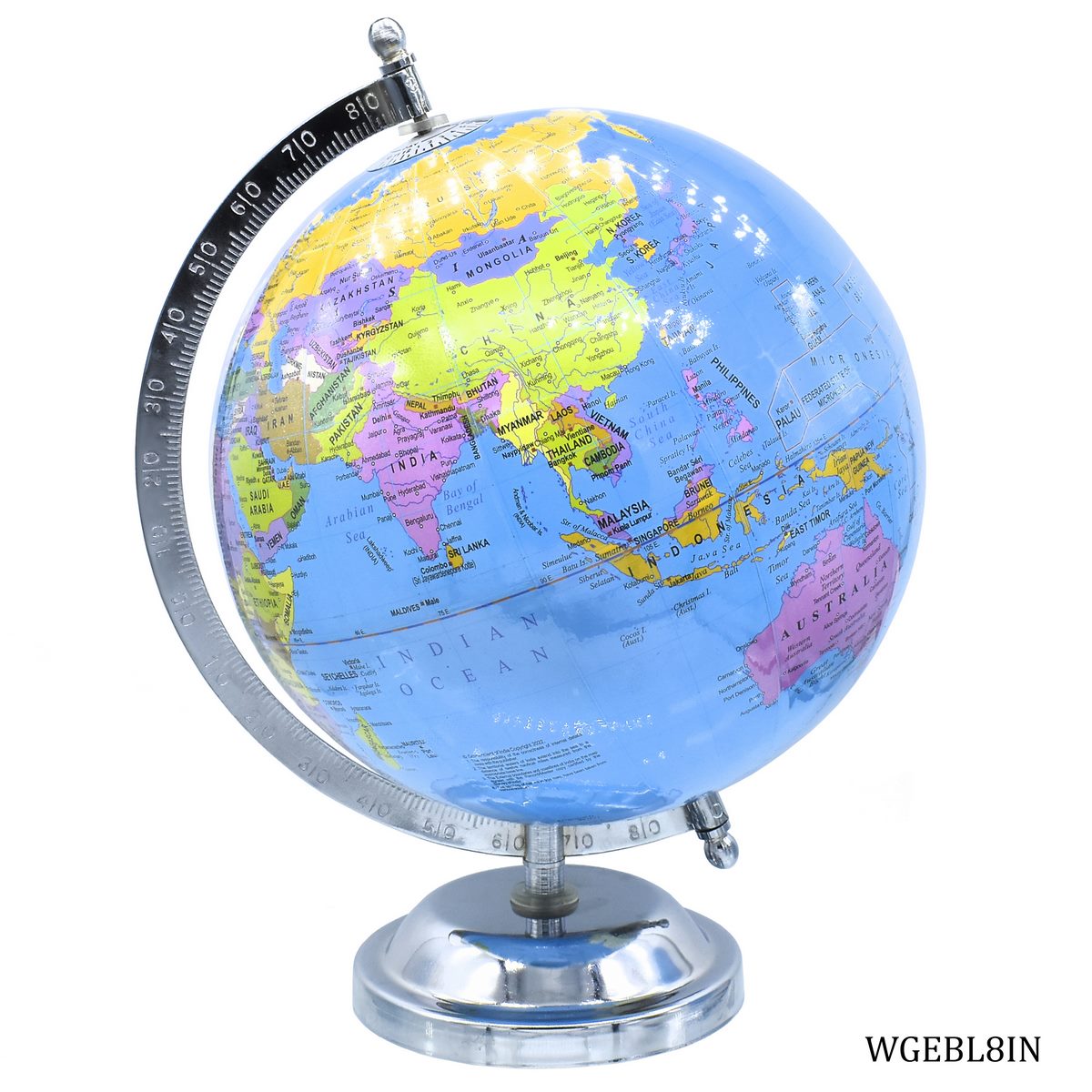 Premium Blue World Globe with Chrome Finish Stand – 8 Inch