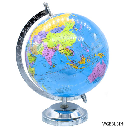 Premium Blue World Globe with Chrome Finish Stand – 8 Inch