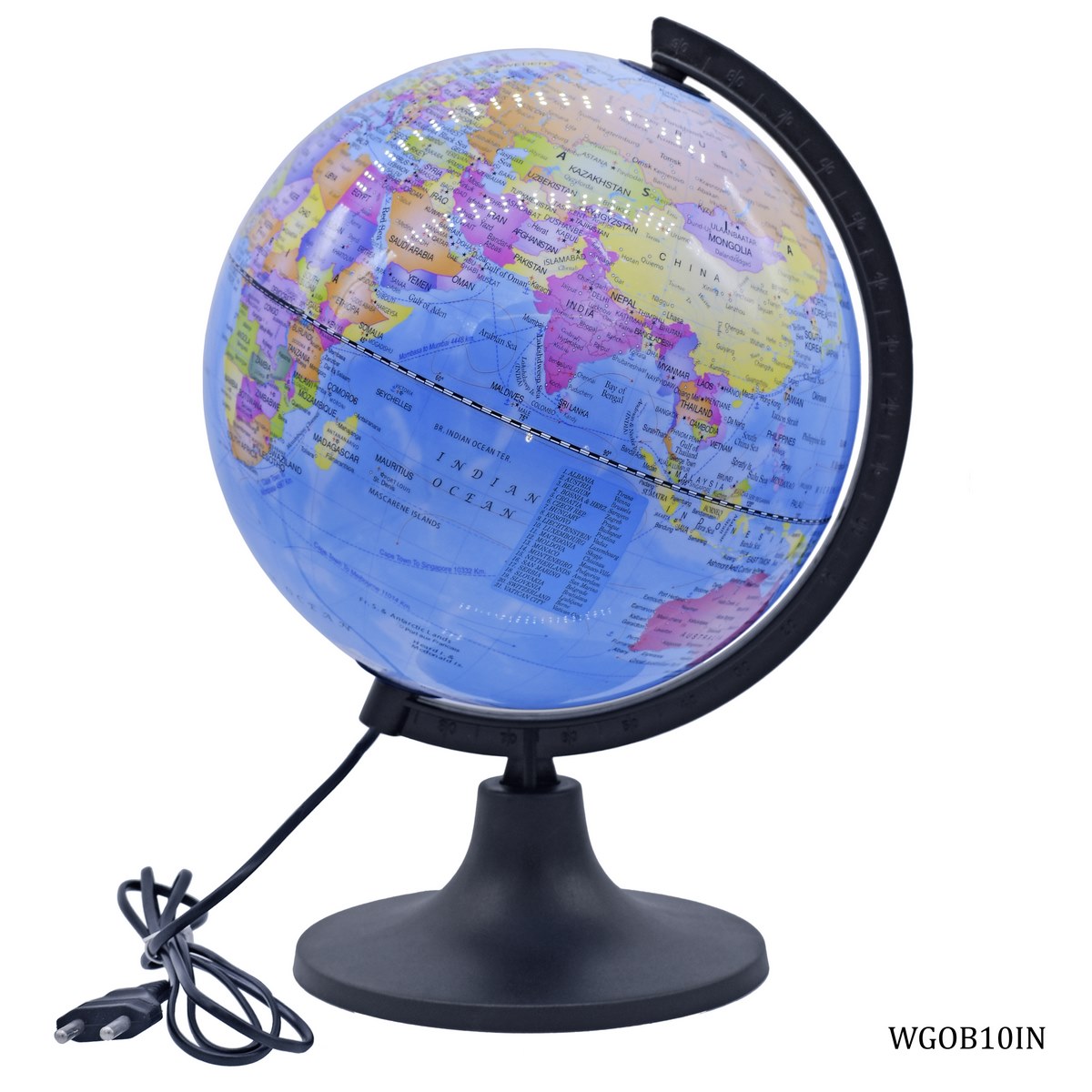 Illuminated Blue World Globe with Black Matte Stand – 10 Inch