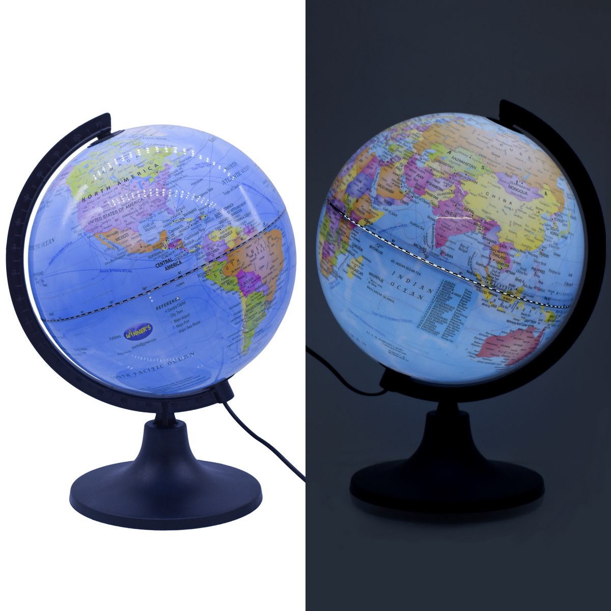 Illuminated Blue World Globe with Black Matte Stand – 10 Inch