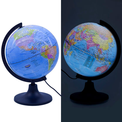 Illuminated Blue World Globe with Black Matte Stand – 10 Inch