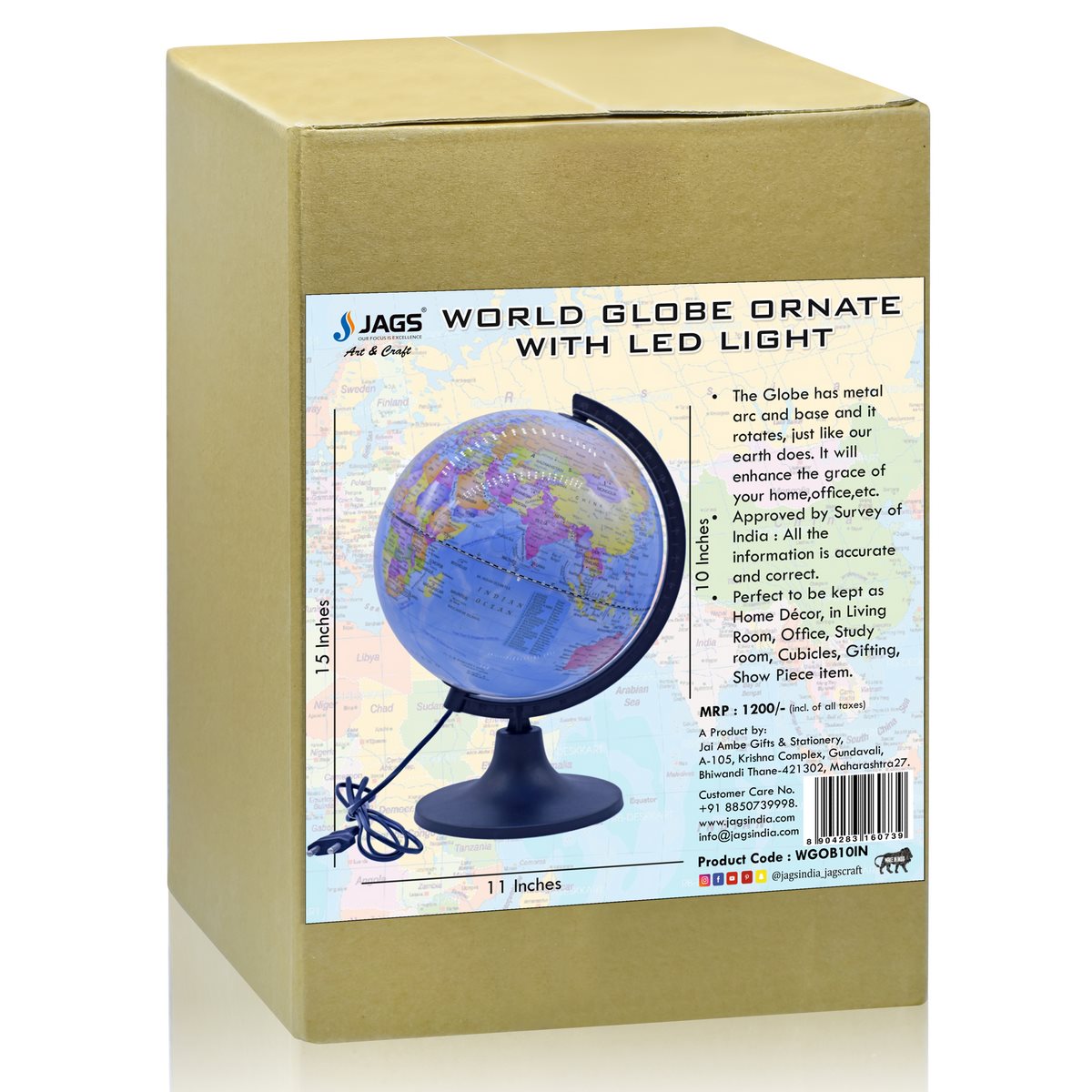 Illuminated Blue World Globe with Black Matte Stand – 10 Inch