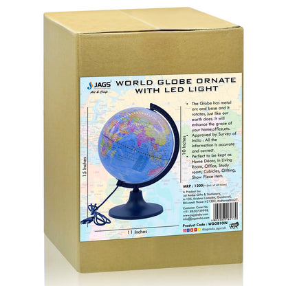 Illuminated Blue World Globe with Black Matte Stand – 10 Inch