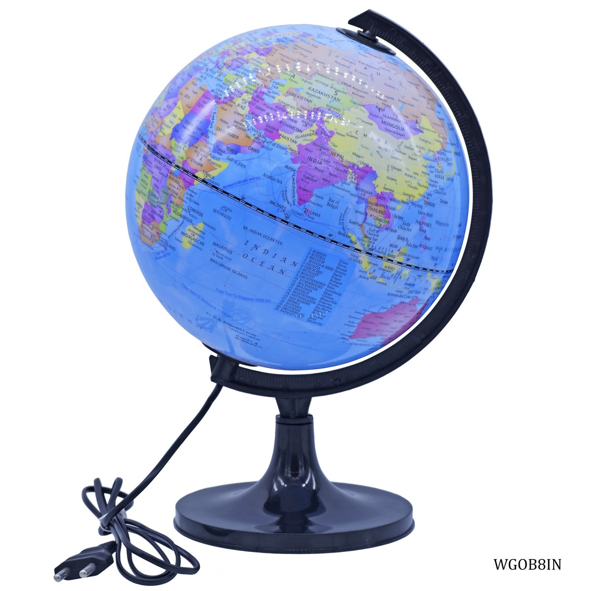 Illuminated Blue World Globe with Black Stand – 8 Inch